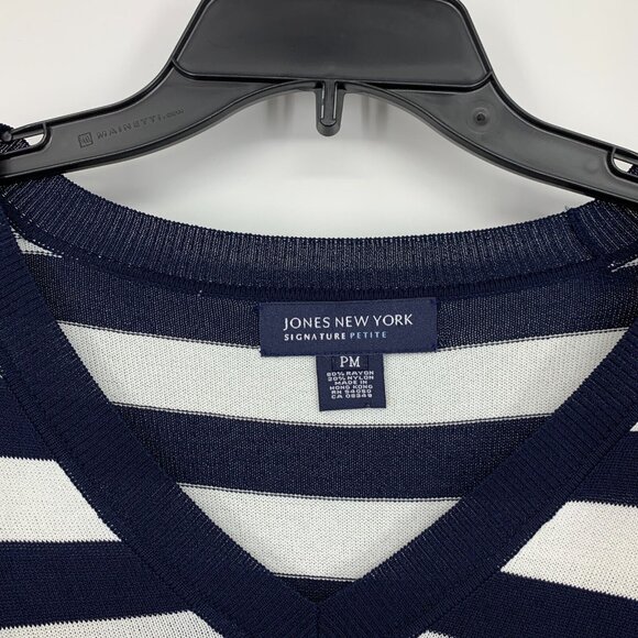 Jones New York Knit Top Blue White Stripe VNeck Long Sleeve - Picture 2 of 7